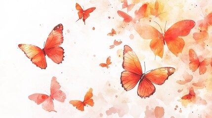 A serene watercolor painting of butterflies flying gracefully, captured in delicate strokes and soft colors. The butterflies flutter against a pure white background,