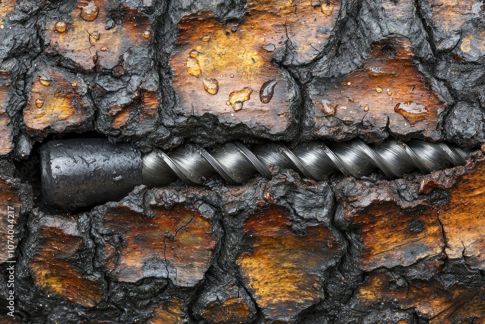 Poster A Drill Bit Embedded in a Cracked and Wet Tree Trunk