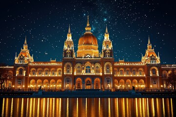 Fototapeta premium Illuminated Grand Building Reflecting in Water Under a Starry Night Sky