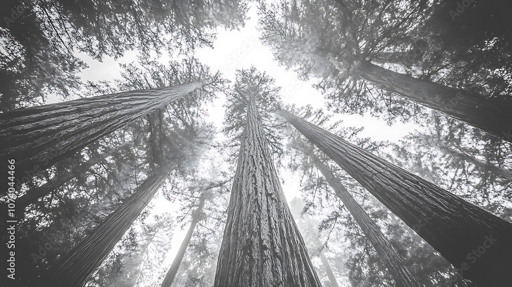 Poster black and white photography of tall trees in the forest, looking up at the sky from ground level