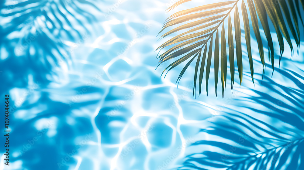 Aufkleber blurred palm leaf shadow on the water surface in a swimming pool, banner with copy space area blurre
