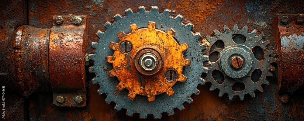 Poster rusty gears interlocking on a metal surface