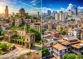 Fototapeta premium Before and After City Reconstruction: A Stunning Transformation Showcasing Urban Renewal and Development with Contrast Between Old and New Architecture and Infrastructure