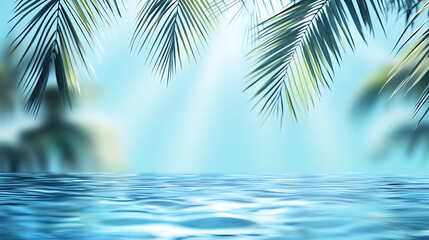 Fototapeta premium Blurred palm leaf shadow on the water surface, banner with copy space area, light blue colored background, banner for a summer vacation concept