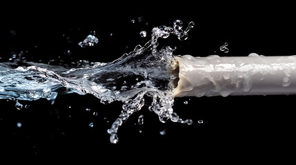Close-up of a damaged household water pipe with water splashing out, highlighting the urgency of plumbing repairs and water damage prevention