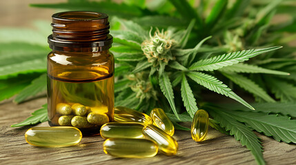 Medical cannabis in an open bottle and capsule on the table, next to marijuana leaves and buds