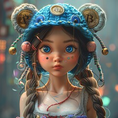 A whimsical portrait of a girl with big blue eyes and a unique hat inspired by cryptocurrency culture.