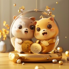 Adorable cartoon animals celebrating with cryptocurrency coins in a joyful and whimsical setting.