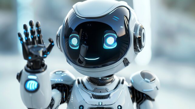 An adorable futuristic robot with glowing features, waving hello in a modern, tech-inspired environment.