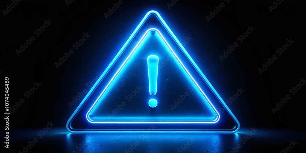Poster Blue Neon Attention Sign Design Featuring Exclamation Mark in Triangle Isolated on Black Background for Warning and Alert Themes in Modern Graphics