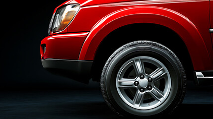 Close up of the side wheel and fender on a red SUV, in the studio with lighting, on a dark background with a black floor