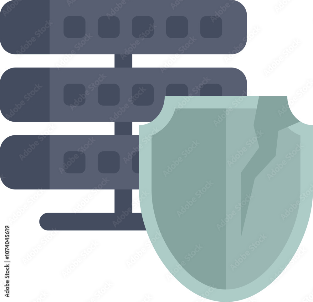 Poster server rack is standing near a broken shield, representing data loss and security breach