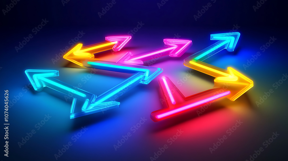 Poster Colorful neon arrows pointing in different directions, symbolizing the concept of direction and choice