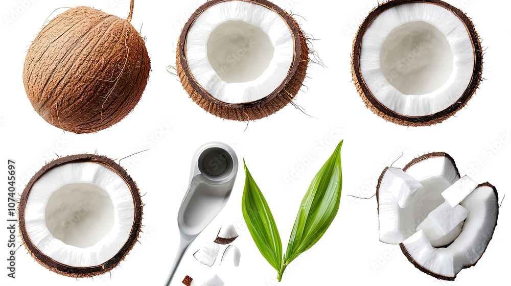 Poster coconuts and coconut products arranged on a transparent background generative ai