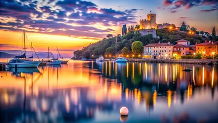 Naklejka premium Bokeh Effect of Grignano Marina with Miramare Castle at Sunset near Trieste, Italy: A Serene Coastal Landscape Captured in Dreamy Lights and Colors