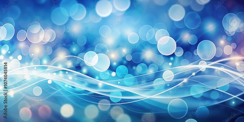 Poster bokeh effect with blue and white background featuring wavy lines and circles for abstract art and de