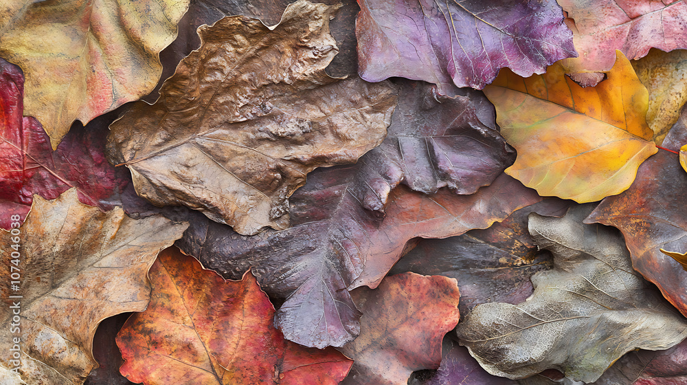 Poster a background of colorful autumn leaves in various shades, with one leaf showing detailed textures an