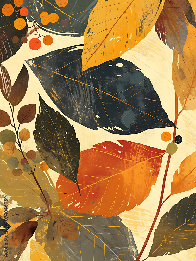 Poster a background of colorful autumn leaves in various shades, with one leaf showing detailed textures an
