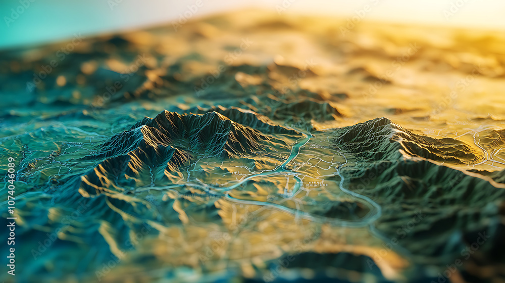 Poster Digital 3D map terrain showcasing GIS geodata mapping concept, highlighting topography, elevation, and spatial data for advanced geographic analysis