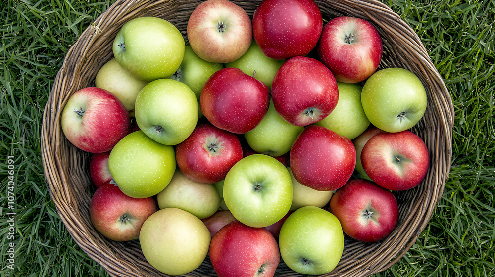 Poster a basket of apples on the grass, red and green apples, shot from above in a close up shot
