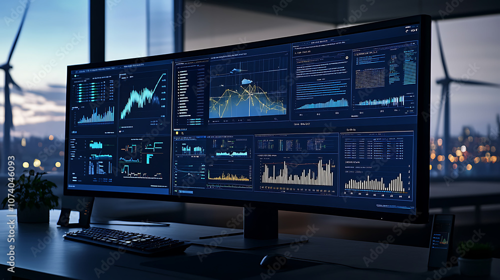 Aufkleber Digital display showcasing wind turbine data analysis and efficiency metrics for alternative energy production, Features cost monitoring and performance insights