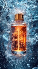 Bottled Essence in Water Splash with Bubbles