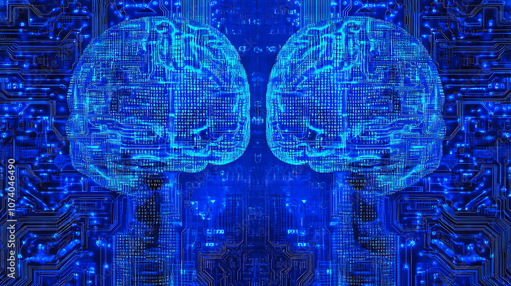 Aufkleber A blue circuit board-like background with two brain-shaped structures made of binary code The overall design conveys artificial intelligence technology or machine learning concepts