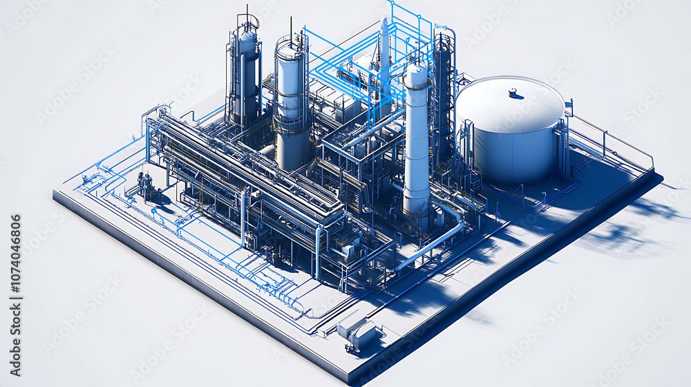 Aufkleber a digital illustration of an oil production plant with blue and white data visualization lines overl