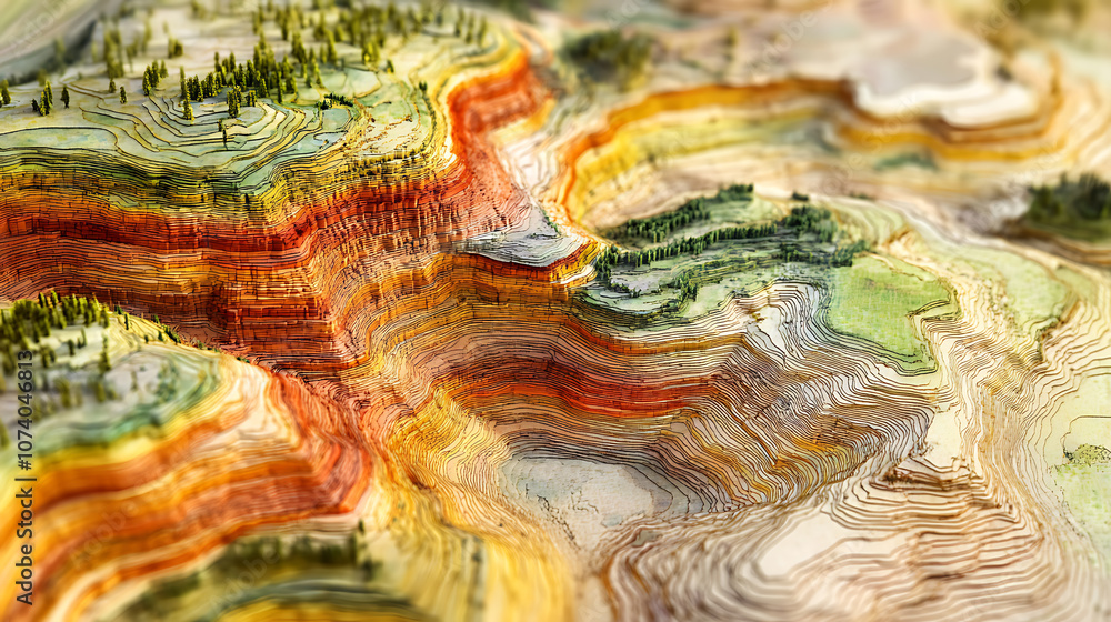 Poster GIS geodata mapping concept featuring a detailed, layered terrain model with contour lines and elevation data, Ideal for geographic analysis and spatial data visualization