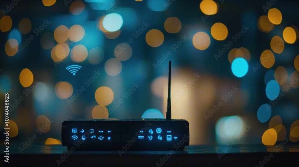 Poster wireless router with blue lights and bokeh background
