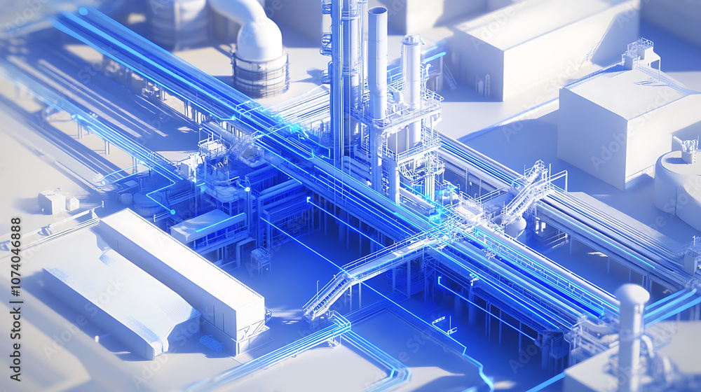 Aufkleber a digital illustration of an oil production plant with blue and white data visualization lines overl