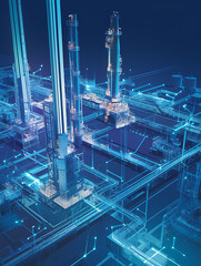 Fototapeta premium A digital illustration of an oil production plant with blue and white data visualization lines overlaying the scene, symbolizing technology integration in industrial operator training