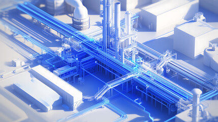 Fototapeta premium A digital illustration of an oil production plant with blue and white data visualization lines overlaying the scene, symbolizing technology integration in industrial operator training