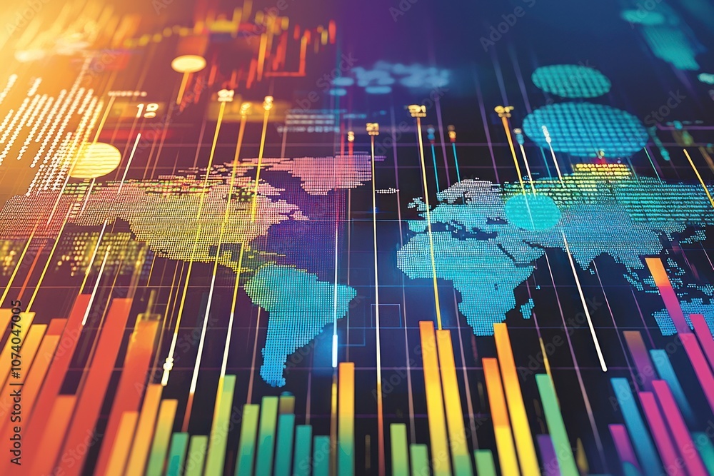 Aufkleber World Map with Data Visualization and Colorful Bars