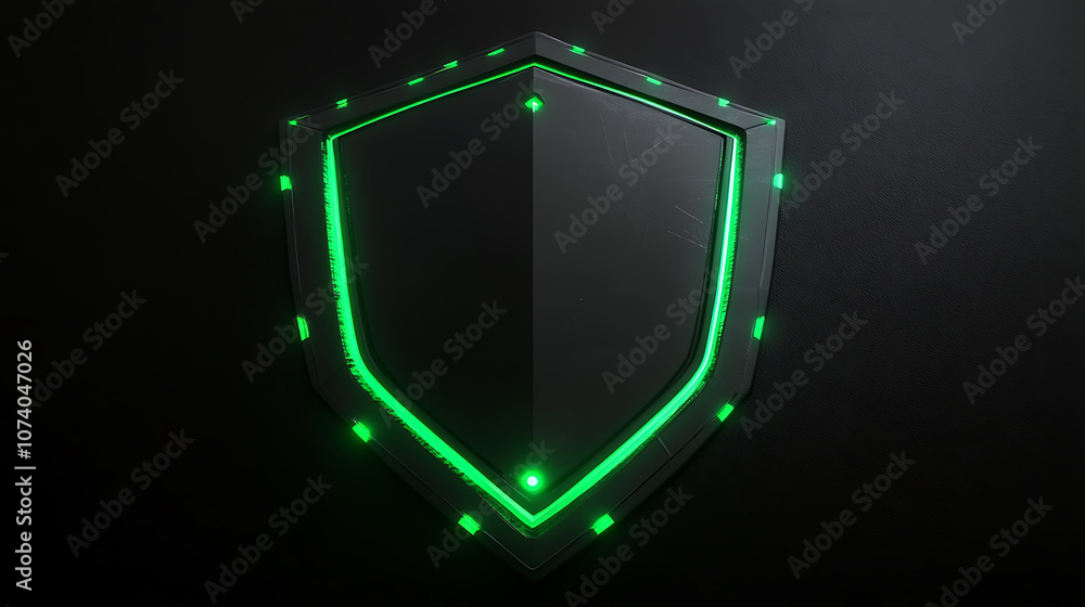 Poster A digital shield with green light accents, representing data protection and security in cyber space The background is dark black to emphasize the glow of the shield