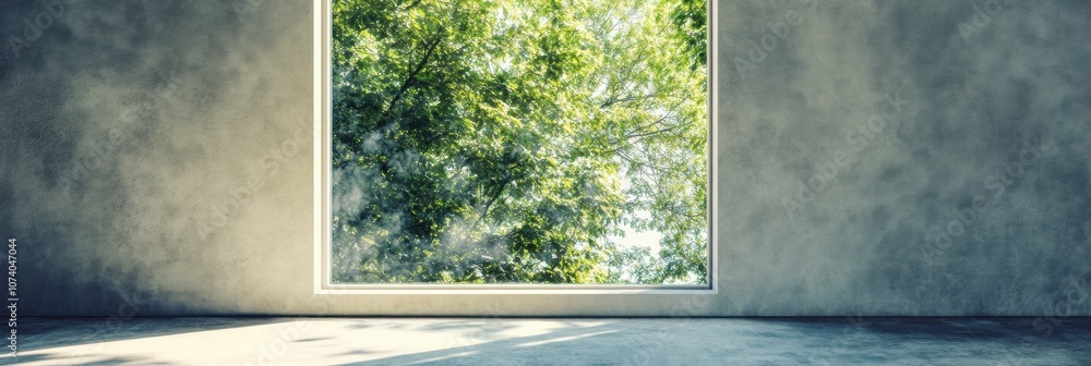 Poster the bright, empty room showcases a large window that perfectly captures lush greenery outside under 