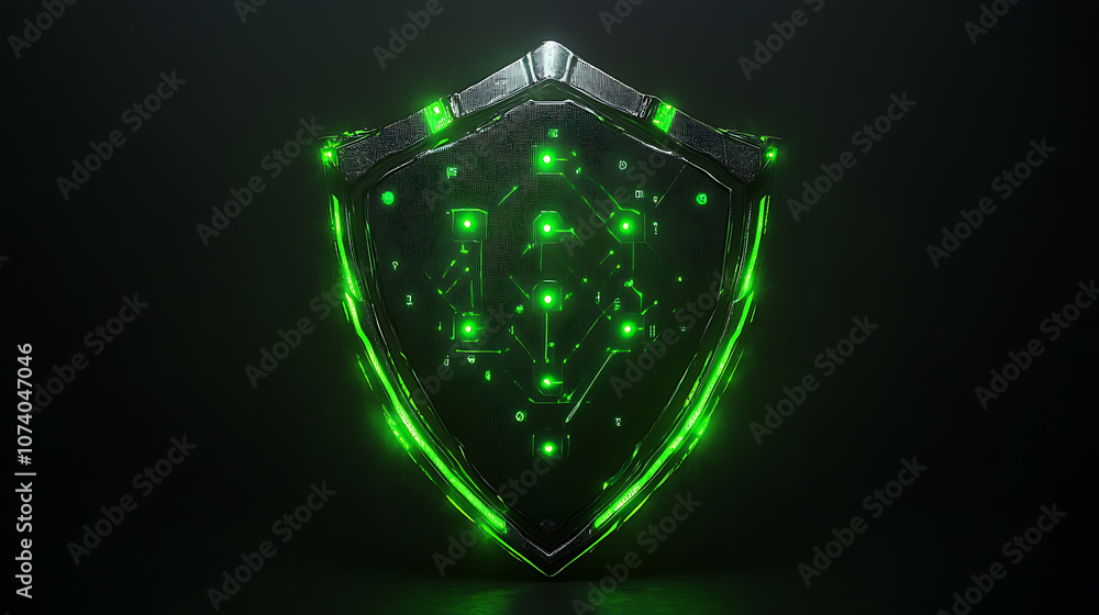 Poster A digital shield with green light accents, representing data protection and security in cyber space The background is dark black to emphasize the glow of the shield