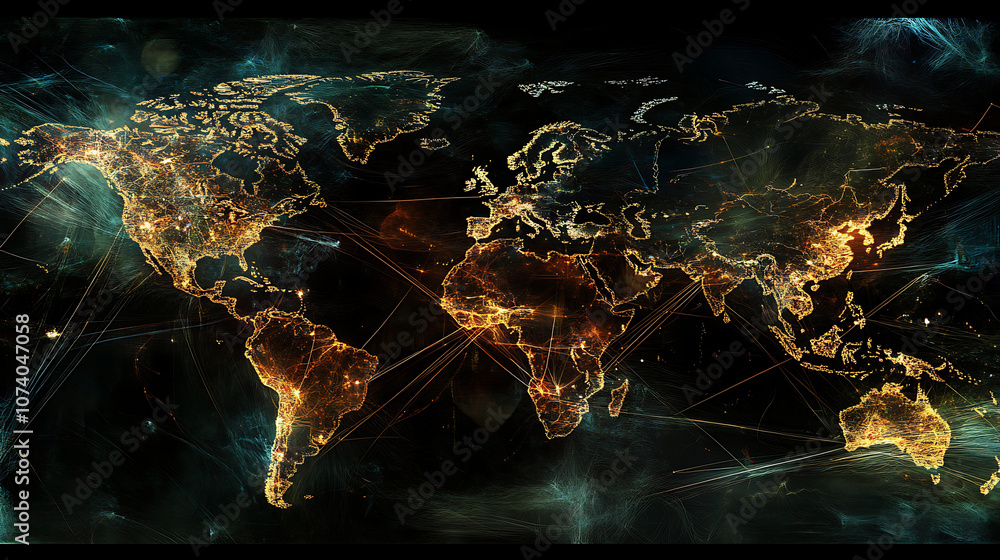 Poster a digital representation of global communication networks, showcasing interconnected nodes and data 