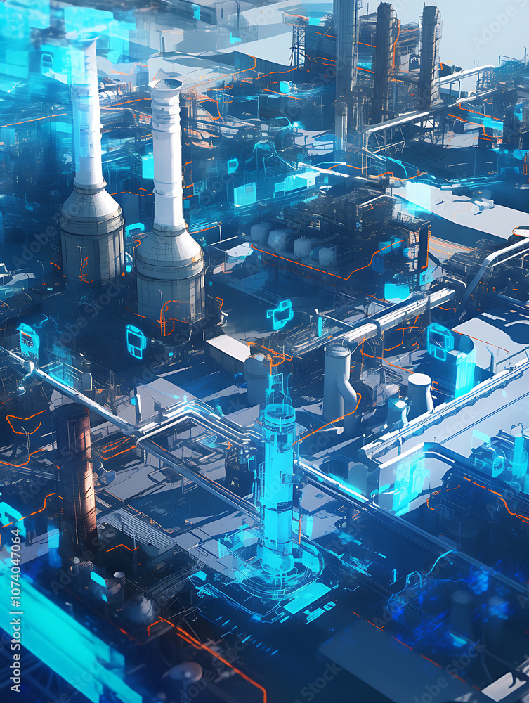 Poster a digital illustration of an oil production plant with blue and white data visualization lines overl
