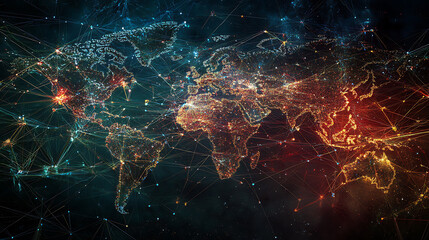 A digital representation of global communication networks, showcasing interconnected nodes and data flow, symbolizing worldwide connectivity and information exchange