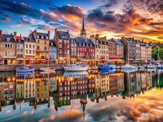 Breathtaking Panorama of Honfleur, Normandy France: A Majestic View of the Harbor and Colorful Architecture Reflecting on Tranquil Waters at Sunset