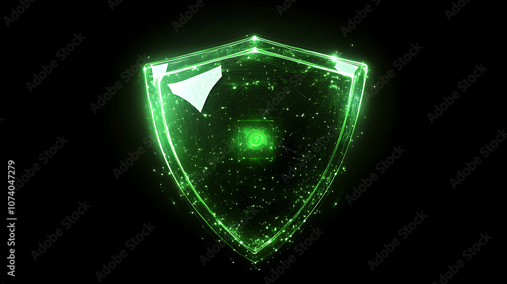 Aufkleber A green cyber security shield icon glowing on a black background with digital data and network connection technology concept