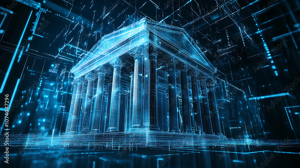 Poster A futuristic icon of an open bank building with columns, surrounded by digital lines and data curves on a dark blue background, representing the evolution to artificial intelligence