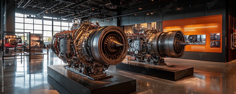 Poster two jet engines on display in a modern museum setting