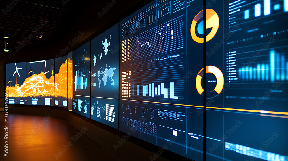 Poster High-tech display showcasing data analysis and information diagrams, with wind turbines in the background, symbolizing renewable energy and sustainable technology