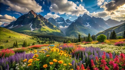 Fototapeta premium Breathtaking Portrait Photography of Picturesque Tatra Mountains with Vibrant Summer Flowers in Gasienicowa Valley Capturing Nature's Splendor and Tranquility