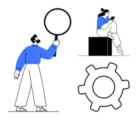 Man holding magnifying glass, woman reading a document, large gear symbol representing problem-solving. Ideal for teamwork, research, technology, business strategy, analysis, organization
