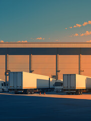 Obraz premium A line of white trucks parked in front of an industrial warehouse at sunset, representing the role and importance of the transportation industry in society