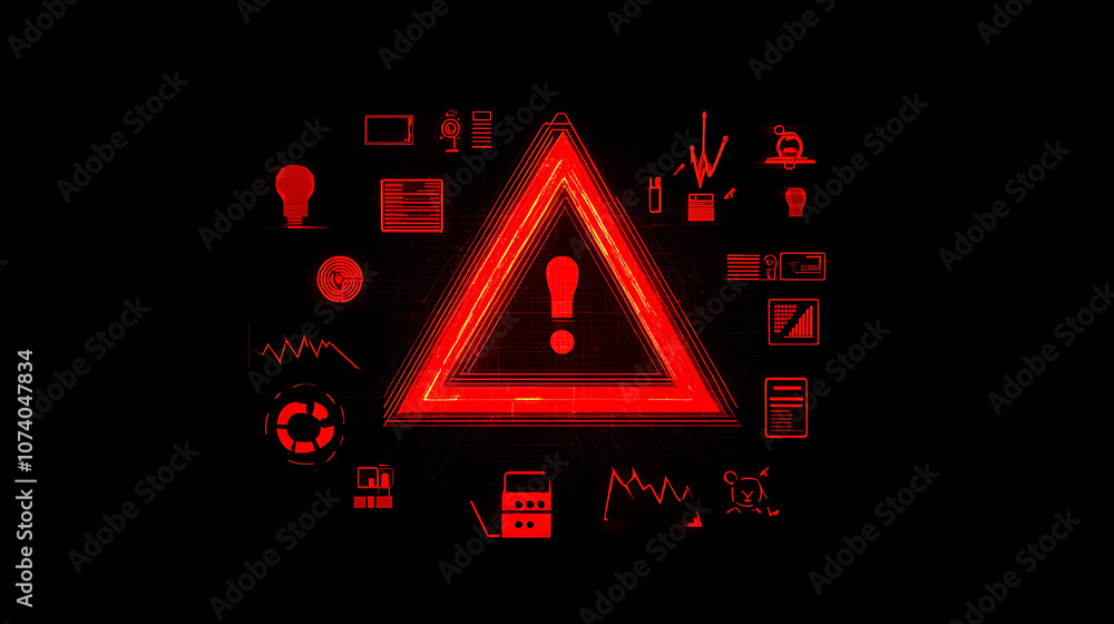 Poster A red exclamation mark in the shape of a triangle on a black background, with cyber security icons and graphs floating around it