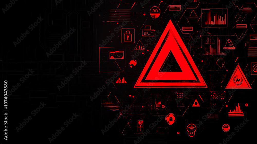 Poster A red exclamation mark in the shape of a triangle on a black background, with cyber security icons and graphs floating around it
